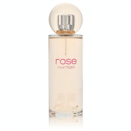 Rose de Courreges women's Eau de Parfum. Elegant clear glass bottle, light pink fragrance, and signature spherical cap.