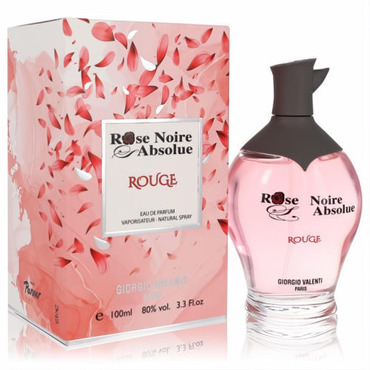 Giorgio Valenti Rose Noire Absolue Rouge 3.3 oz EDP. Alluring pink fragrance in a distinct curvy glass bottle with a dark cap, and its rose petal box.