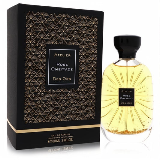 Atelier Des Ors Rose Omeyyade Unisex 3.3oz EDP. Luxurious black and gold art deco box and clear bottle with golden liquid, sunburst label.