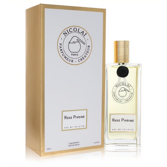 Discover Nicolai Rose Pivoine 3.4 oz EDT. Clear glass bottle, radiant gold cap, and sophisticated gold/white packaging.