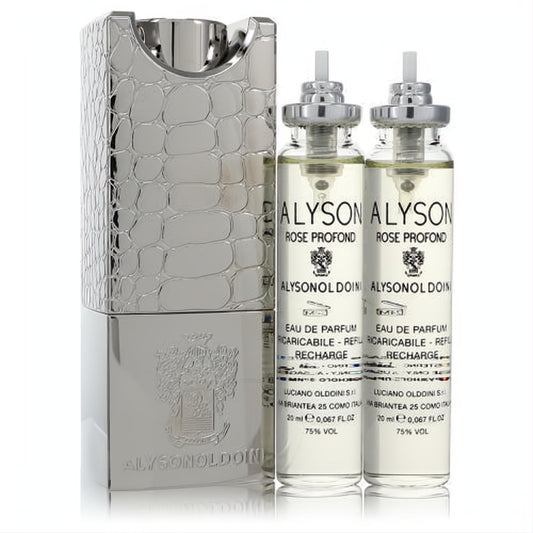 Luxurious Alyson Oldoini Rose Profond silver crocodile-textured refillable Eau De Parfum atomizer with two 20ml refills.