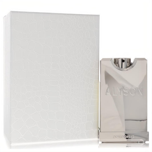 Elegant Alyson Oldoini Rose Profond perfume in a sleek silver bottle, paired with a luxurious white croc-embossed box.