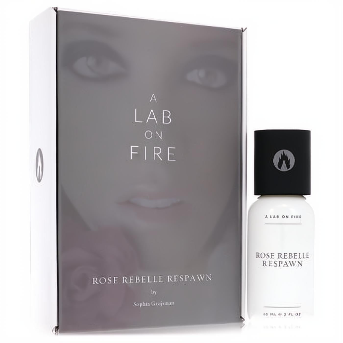 Captivating Rose Rebelle Respawn 2 oz EDT spray. Sleek white bottle, black logo cap, and grey box with a mysterious woman's face.