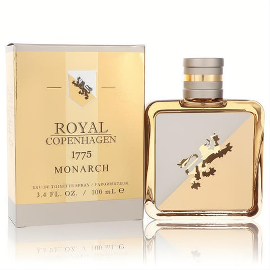 Regal Royal Copenhagen 1775 Monarch 3.4 oz EDT. Golden glass bottle with a distinctive crest and metallic cap, alongside its elegant gold box.