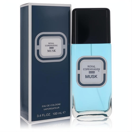 Royal Copenhagen Musk 3.4 oz cologne. Light blue glass bottle with black cap and silver-framed label, beside its dark blue box.