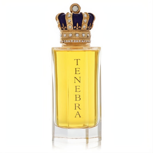 Luxurious Royal Crown Tenebra 3.3 oz women's extrait de parfum. Clear bottle with "TENEBRA" text, topped by a regal blue & gold crystal crown.