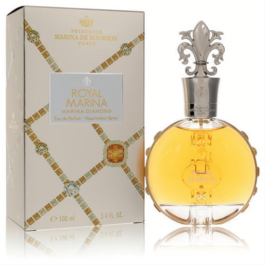Exquisite Royal Marina Diamond 3.4 oz EDP. Golden perfume in a round bottle with a regal silver fleur de lys stopper & elegant cream box.