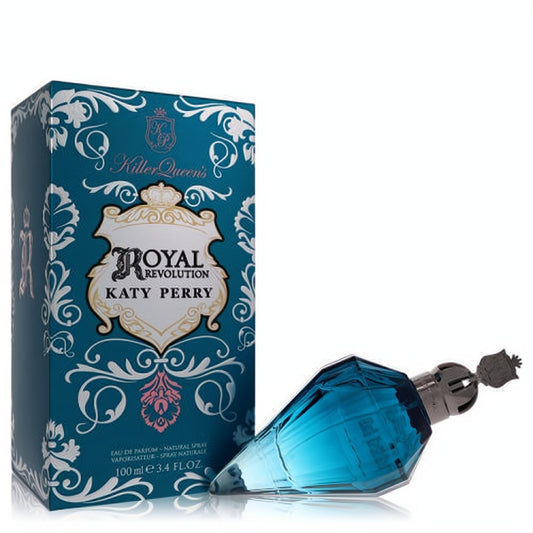 Experience Katy Perry Royal Revolution 3.4 oz EDP. Dazzling teal faceted bottle with regal crown cap and ornate blue box.