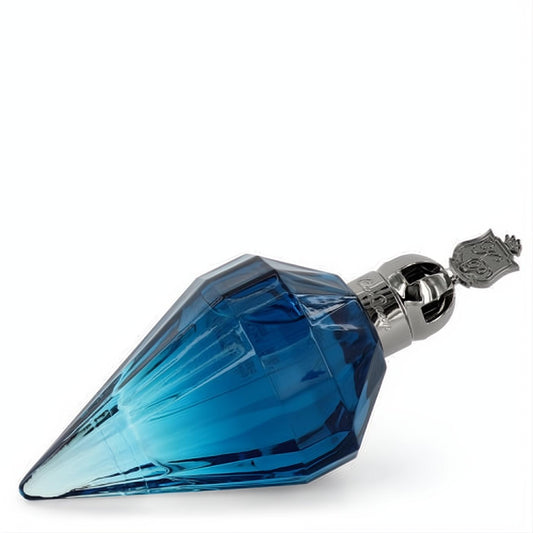Captivating Katy Perry Royal Revolution Eau De Parfum. Faceted blue glass bottle with an ornate silver crown cap.