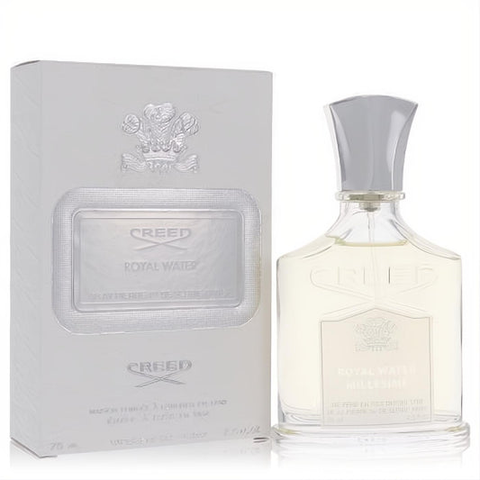 Creed Royal Water 2.5 oz Eau De Parfum. Elegant clear glass bottle with silver cap and luxurious white embossed box.