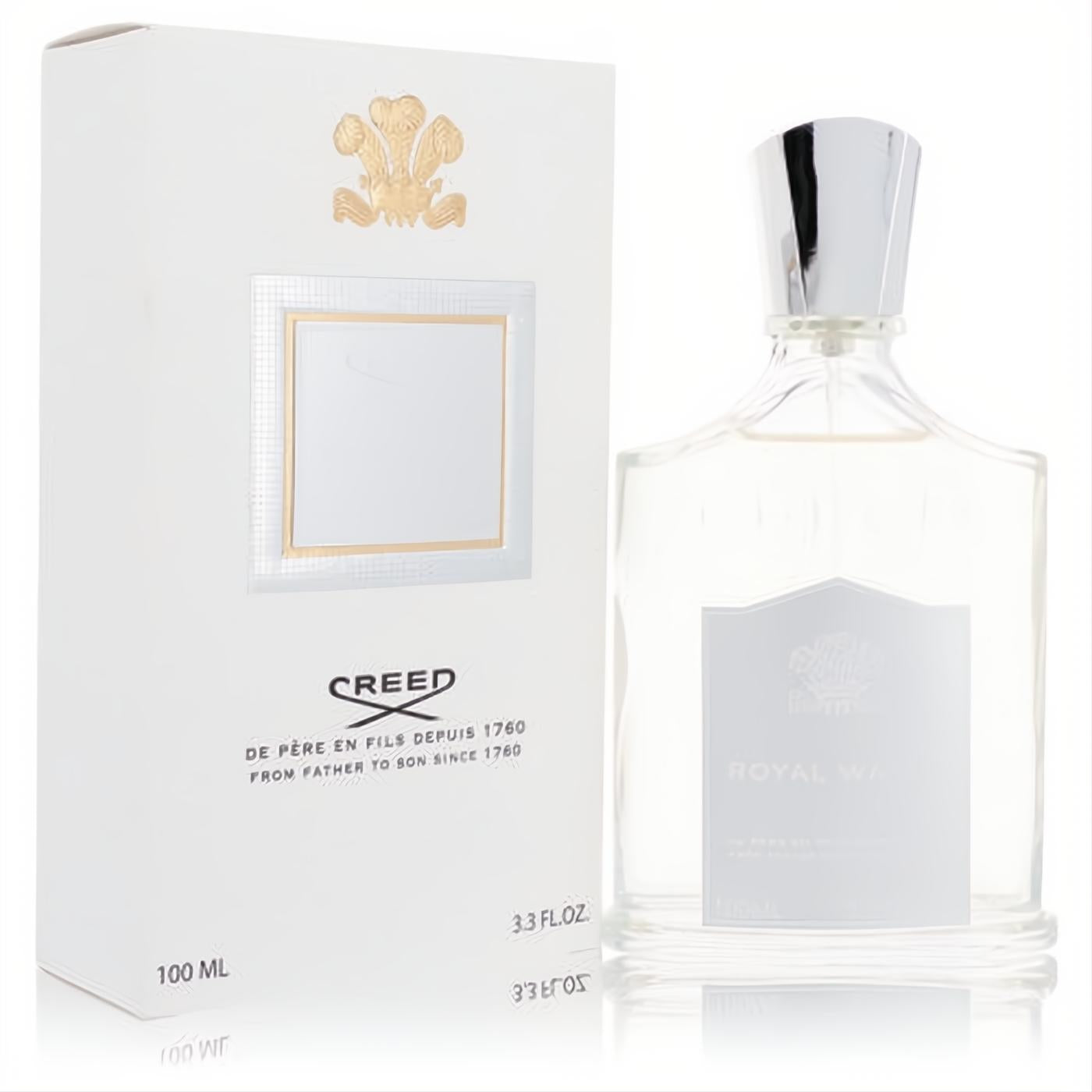 Creed Royal Water 3.3 oz Eau De Parfum spray. Luxurious clear glass bottle with silver cap and elegant white & gold box.