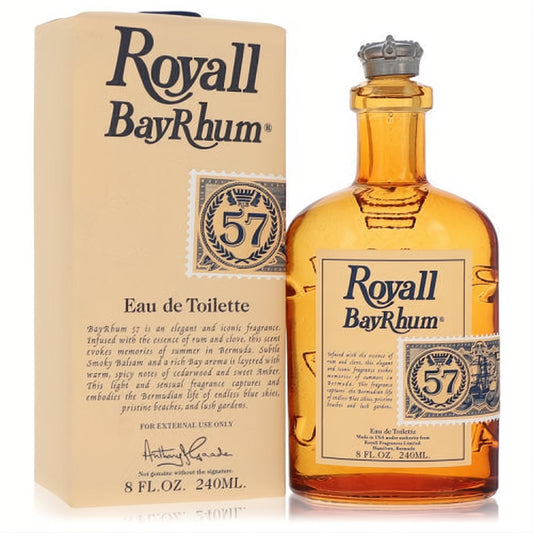 Royall Bay Rhum 57 men's Eau De Toilette. Elegant 8 oz amber glass bottle with crown cap and matching beige box.