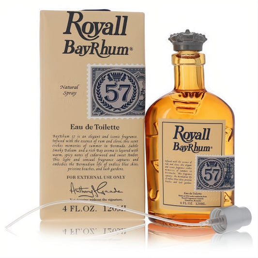 Royall Bay Rhum 57 Eau De Toilette 4 oz. Amber glass bottle with ornate crown cap, and elegant beige box with sprayer.