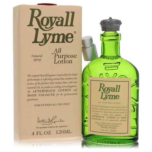 Royall Lyme 4 oz green glass cologne bottle with ornate crown cap and natural spray, beside its classic beige box.