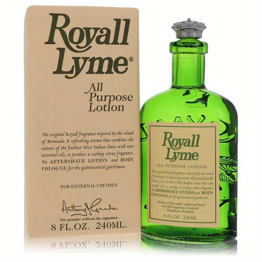 Vibrant green 8 oz Royall Lyme All Purpose Lotion bottle with a silver crown cap, next to its classic beige box.
