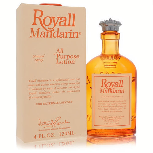 Royall Mandarin 4 oz all-purpose lotion/cologne in a vibrant amber glass bottle with a regal crown stopper and elegant cream box.