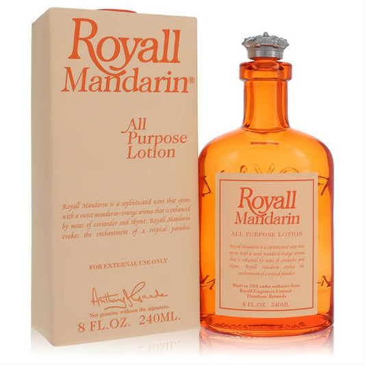 Elegant Royall Mandarin 8 oz All Purpose Lotion/Cologne. Vibrant orange glass bottle with a silver crown stopper and matching cream box.