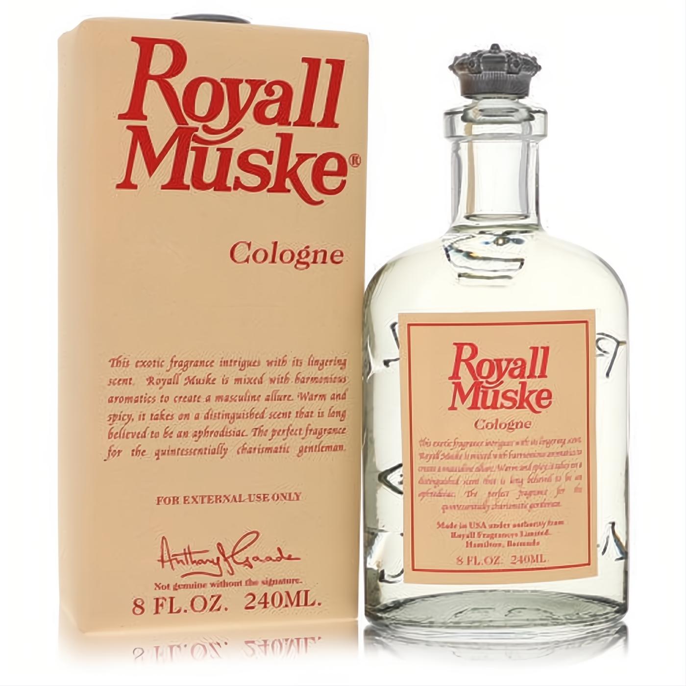 Timeless Royall Muske 8 oz men's cologne. Clear glass bottle with crown cap, peach label, and elegant beige box.
