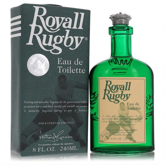 Masculine Royall Rugby 8 oz Eau de Toilette in an elegant emerald green glass bottle with a classic ornate silver cap and matching box.