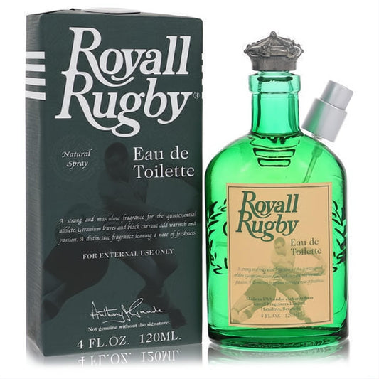 Royall Rugby 4 oz men's EDT: iconic green glass bottle with a unique silver crown cap, displayed with its classic dark green box.