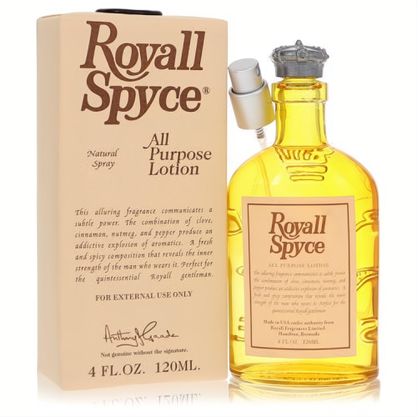 Masculine Royall Spyce 4 oz all-purpose lotion/cologne. Yellow glass bottle with a regal crown cap and silver spray, beside its beige box.