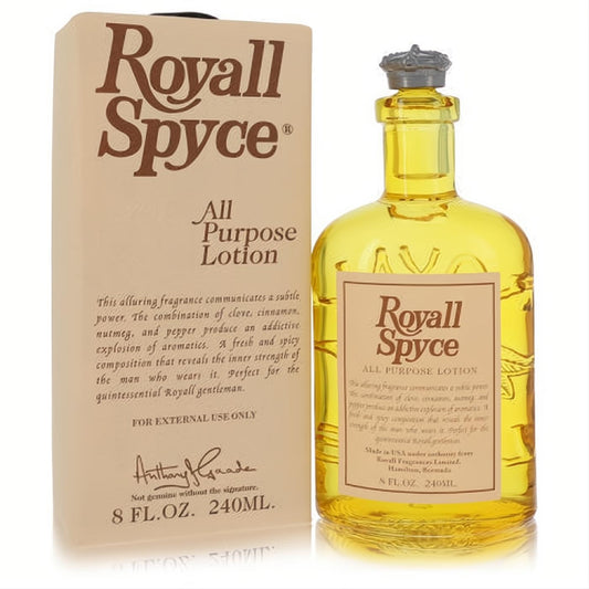Royall Spyce 8 oz all-purpose lotion: vibrant yellow glass bottle with a regal grey crown cap, displayed with its classic beige box.