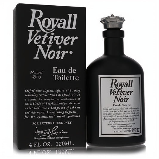 Royall Vetiver Noir 4 oz Eau de Toilette in a sleek matte black bottle with a silver crown cap, next to its elegant branded box.