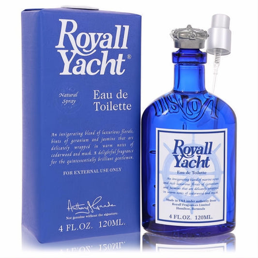 Elevate your style with Royall Yacht 4 oz Eau de Toilette. Vibrant blue glass bottle, silver crown cap, and elegant matching box.