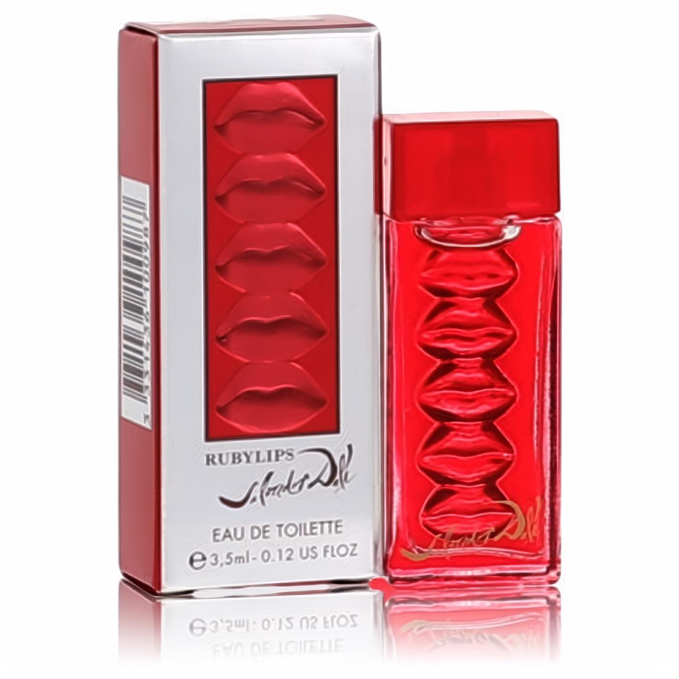 Salvador Dali Ruby Lips .12 oz mini EDT. Iconic red glass bottle with raised lips design and matching red/silver box.