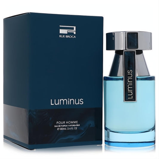 Rue Broca Luminus 3.4 oz men's Eau De Parfum. Elegant light blue fragrance bottle with a modern silver cap and matching dark blue box.