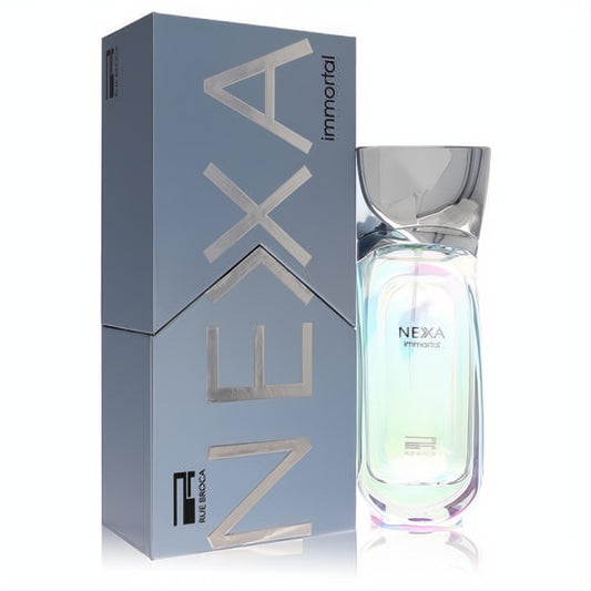 Rue Broca Nexa Immortal 3.4 oz unisex EDP. Modern iridescent glass bottle, sleek silver cap, and stylish blue box with silver lettering.