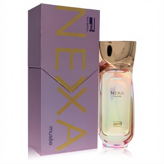 Rue Broca Nexa Musee 3.4 oz unisex fragrance: iridescent bottle, rose gold cap, and elegant lavender gold box.