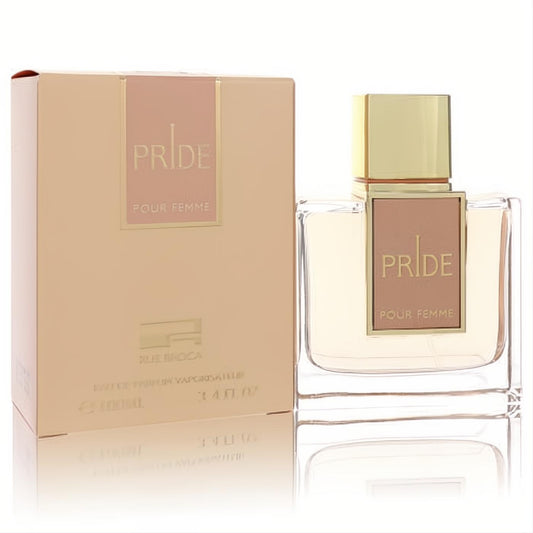 Rue Broca Pride 3.4 oz women's Eau De Parfum. Elegant clear bottle with gold cap, "PRIDE" label, and matching peach box.