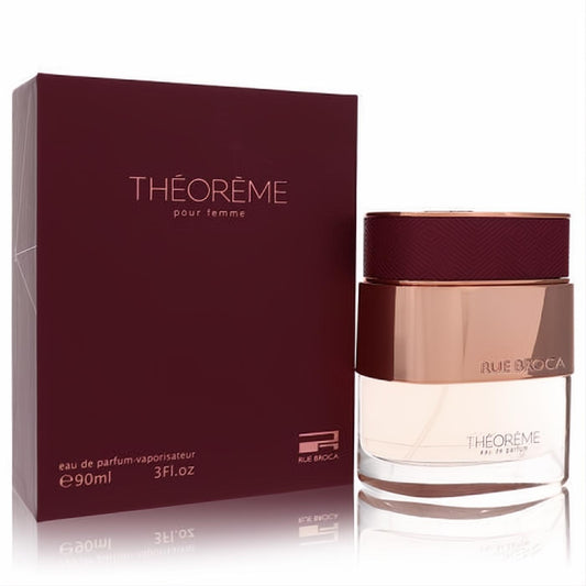 Rue Broca Theoreme 3 oz EDP. Luxurious burgundy box, rose gold bottle with textured cap, clear glass, and light pink fragrance.