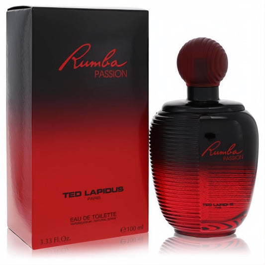 Rumba Passion Ted Lapidus 3.33 oz EDT. Captivating black-to-red ribbed glass bottle and elegant matching box.