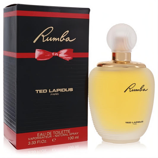 Rumba by Ted Lapidus women's 3.4 oz Eau de Toilette. Frosted glass bottle with gold accents and elegant black & red box.