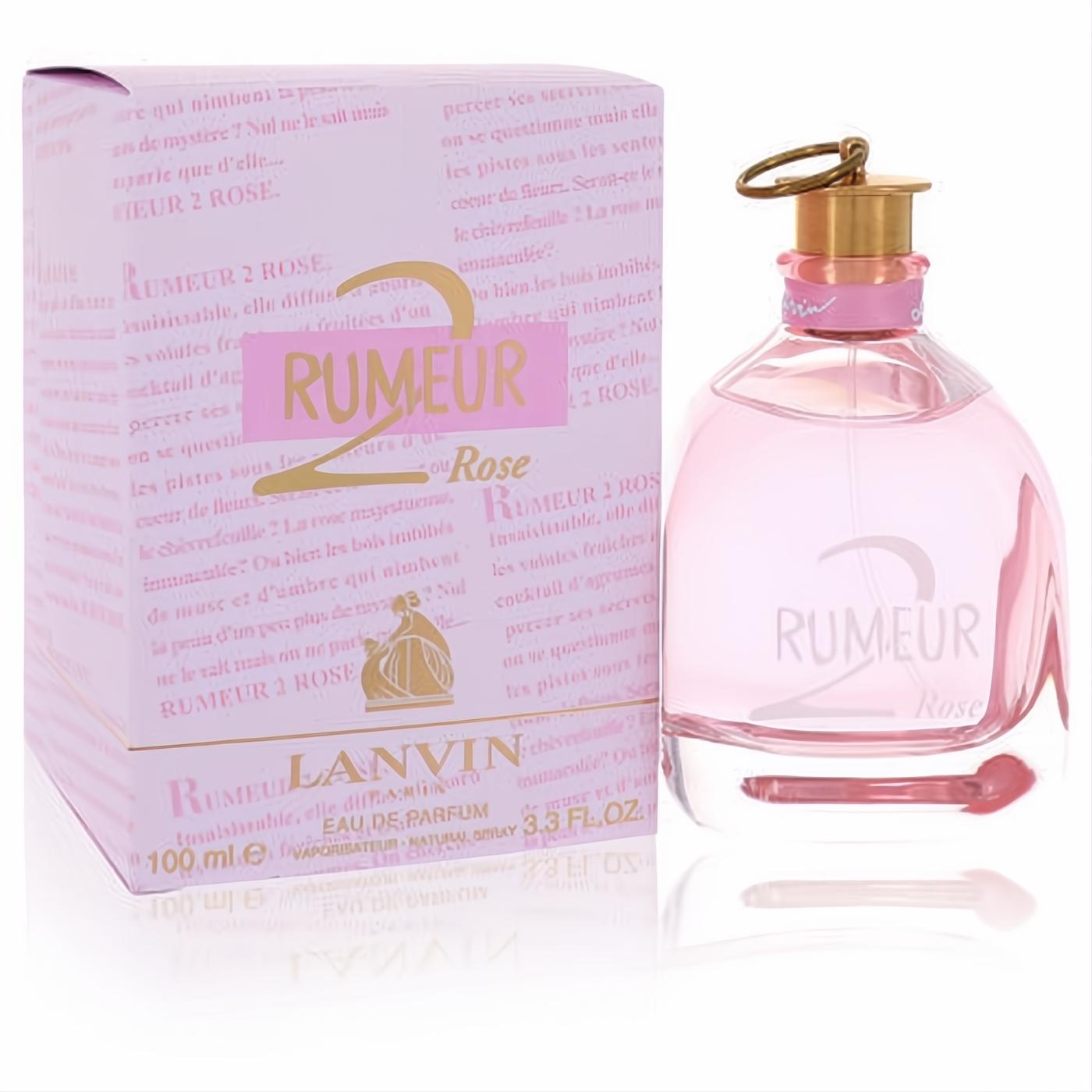Elegant Rumeur 2 Rose by Lanvin women's 3.3 oz EDP spray in a pink glass bottle with a gold cap and matching box.
