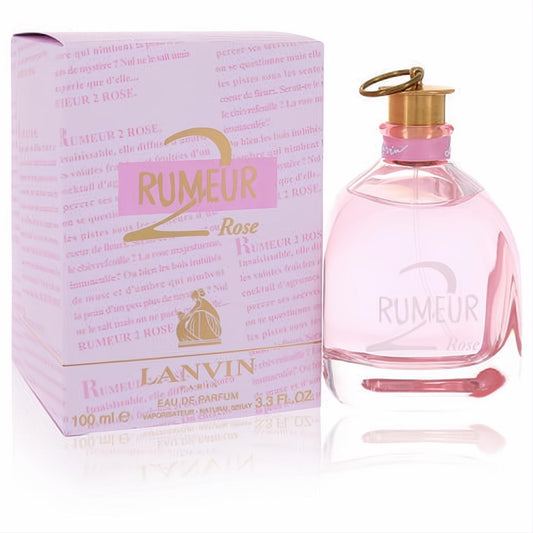 Elegant Rumeur 2 Rose by Lanvin women's 3.3 oz EDP spray in a pink glass bottle with a gold cap and matching box.