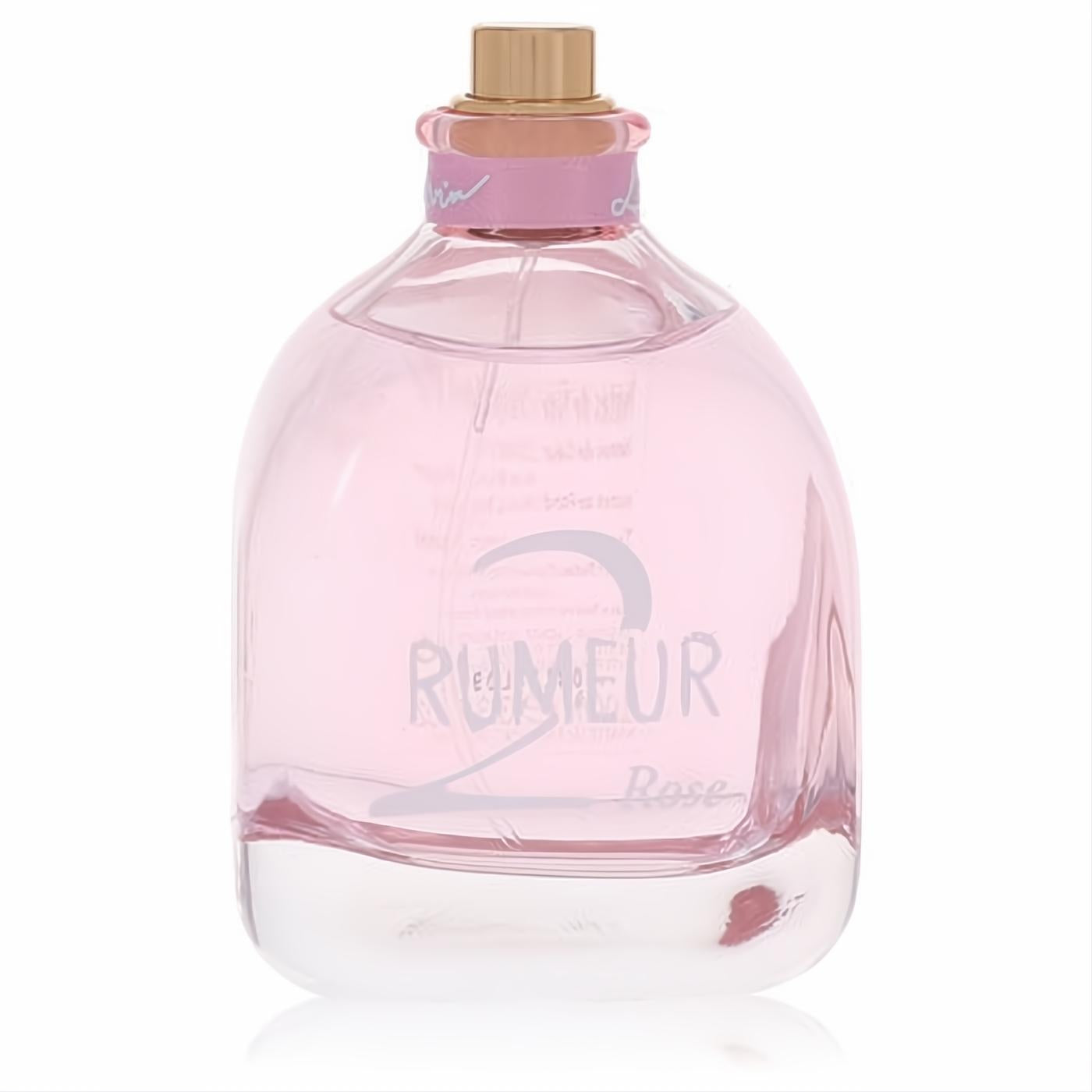 Captivating Lanvin Rumeur 2 Rose 3.4 oz EDP tester. Delicate pink fragrance in a sleek glass bottle with a chic gold cap.