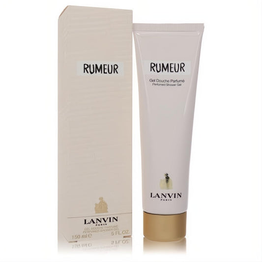 Luxurious Rumeur by Lanvin 5 oz perfumed shower gel. White tube, elegant gold cap, and matching cream box for women.