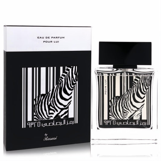 Experience Rumz Al Rasasi 9325 Pour Lui men's EDP, 1.68 oz. Bold black & white zebra barcode design on a sleek glass bottle & box.