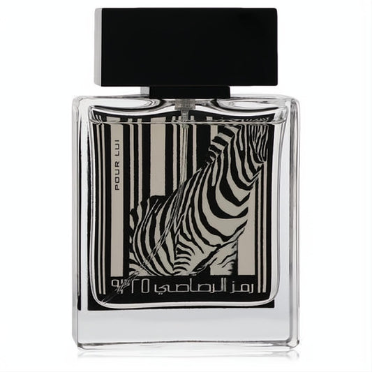 Rumz Al Rasasi 9325 Pour Lui men's EDP. Sleek 1.68 oz clear glass bottle with striking black & white zebra design and elegant black cap.