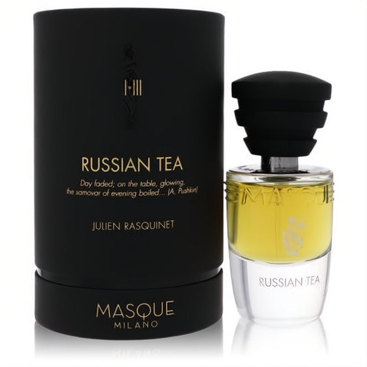 Masque Milano Russian Tea 1.18 oz Eau De Parfum spray. Elegant black and gold box, clear glass bottle with golden fragrance.
