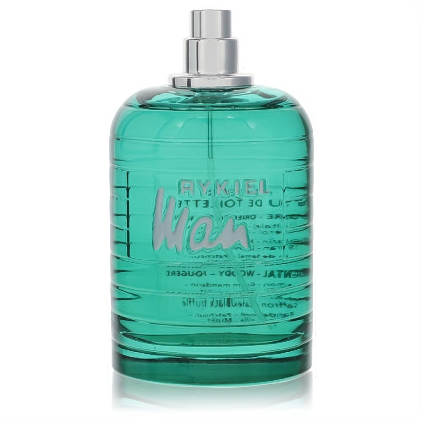 Sophisticated Rykiel Man 4.2 oz Eau De Toilette. Bold teal ribbed glass bottle with "Man" embossed, sleek silver cap.