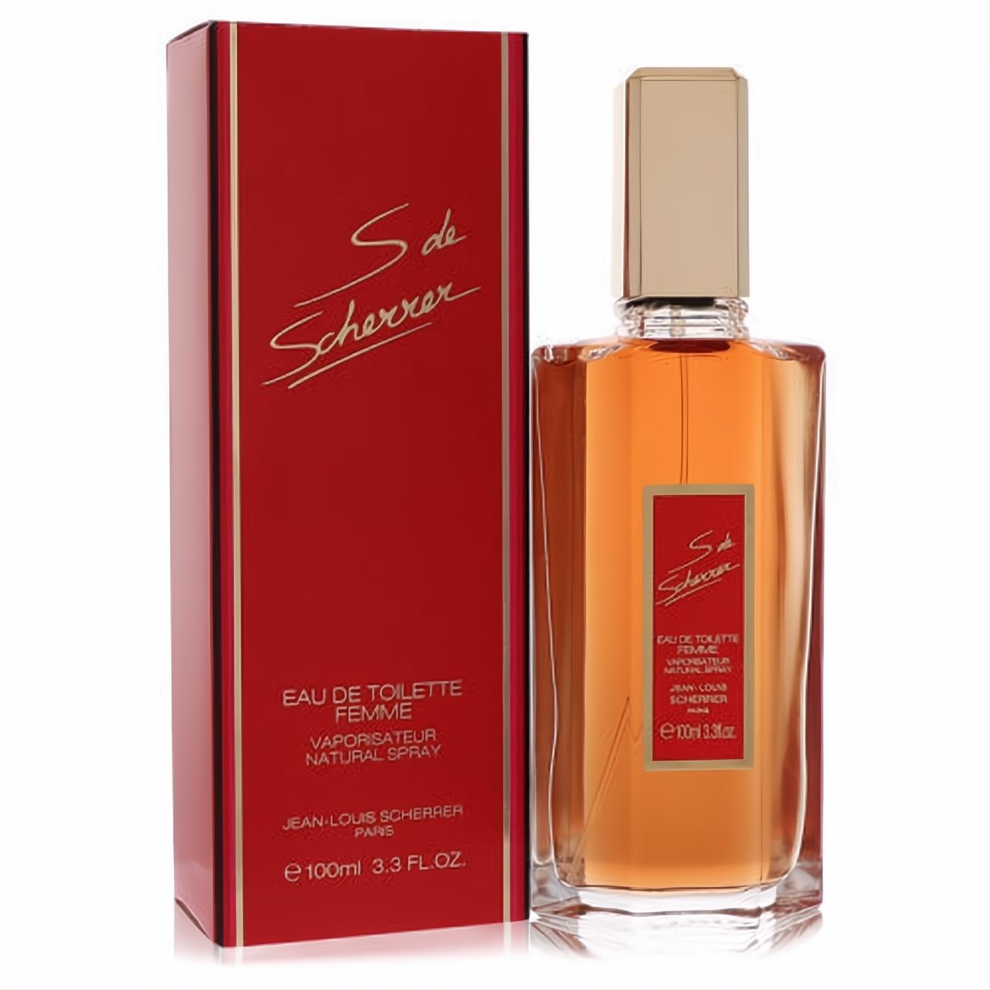 S De Scherrer 3.3 oz Eau De Toilette spray: luxurious amber liquid in a clear glass bottle with a gold cap, beside its elegant red box.