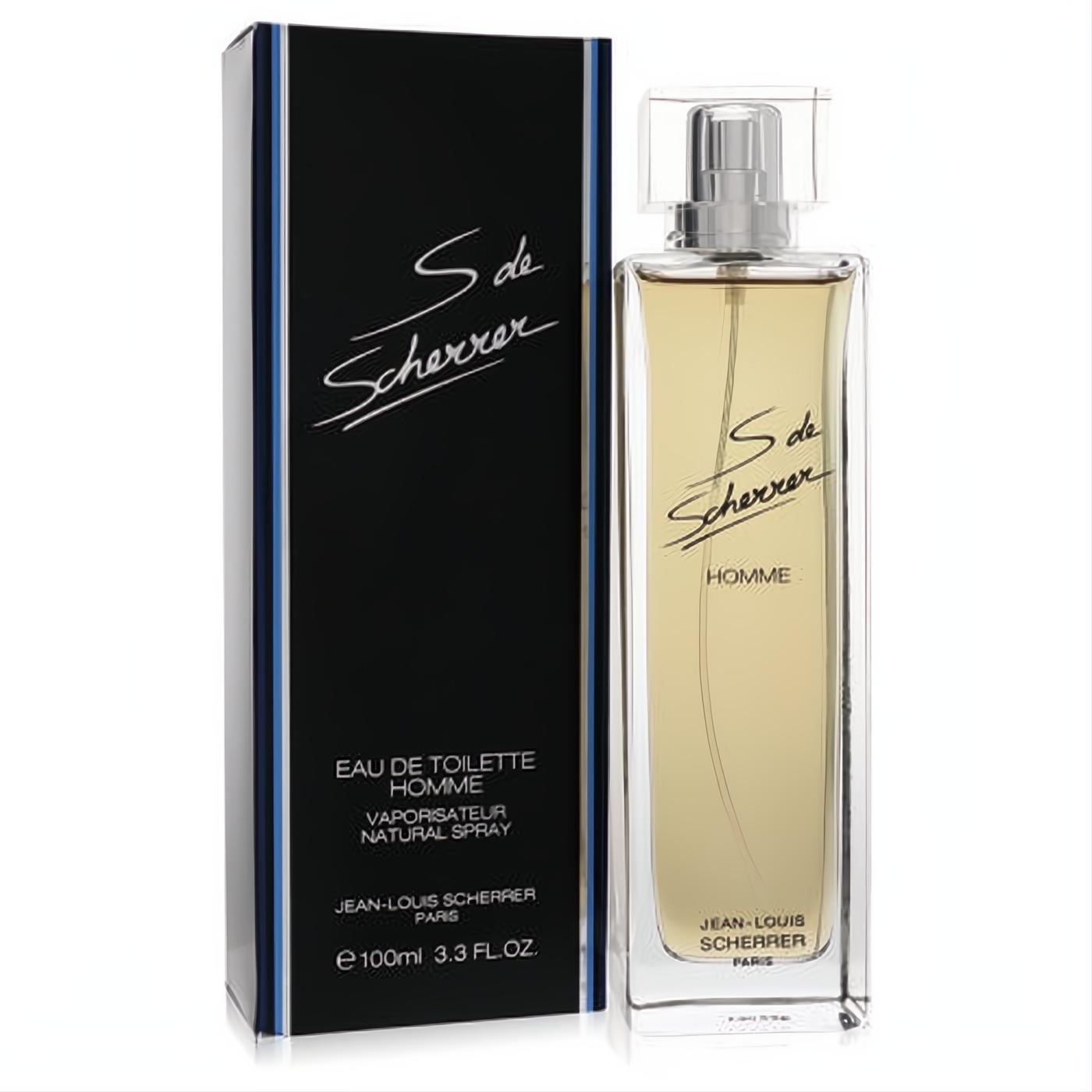 S de Scherrer Homme Eau De Toilette 3.3 oz spray. Amber men's fragrance in a sleek glass bottle, displayed with its elegant black box.