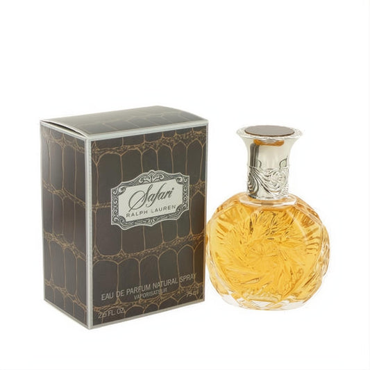 Elegant Safari Ralph Lauren 2.5 oz Eau De Parfum. Golden fragrance in ornate glass with silver cap, beside its textured dark brown box.
