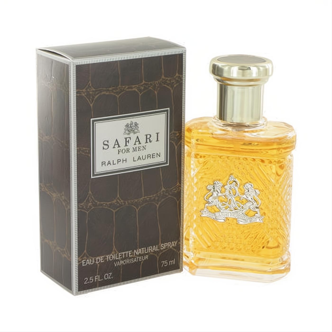 Ralph Lauren Safari for Men 2.5 oz EDT. Amber fragrance in a textured glass bottle with gold cap, silver crest, and dark brown crocodile box.