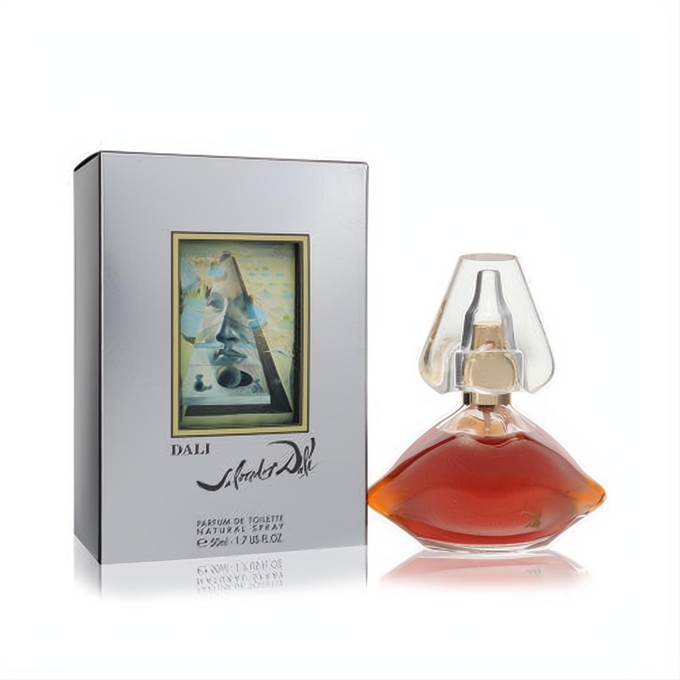 Salvador Dali 1.7 oz Parfum De Toilette spray. Silver box with iconic surrealist art and a captivating amber lip-shaped bottle.