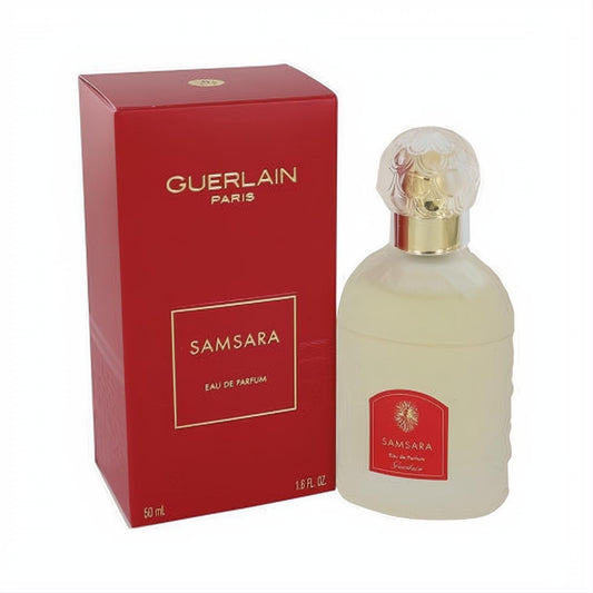 Luxurious Guerlain SAMSARA Eau de Parfum 1.6 oz spray. Features a vibrant red box, clear glass bottle, gold accents, and an ornate cap.